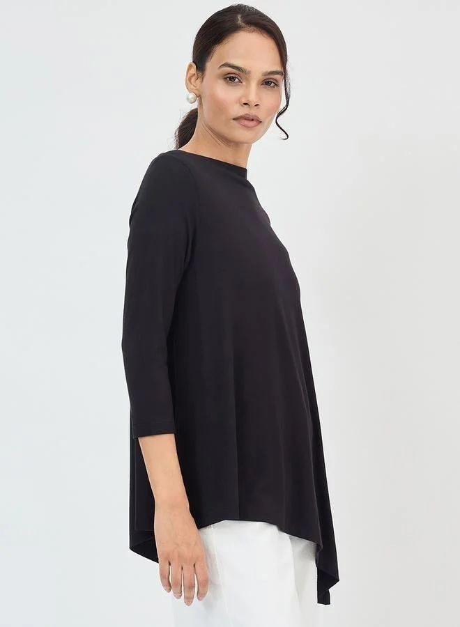 Femmella Black Asymmetric Hem Top with 3/4 Sleeve